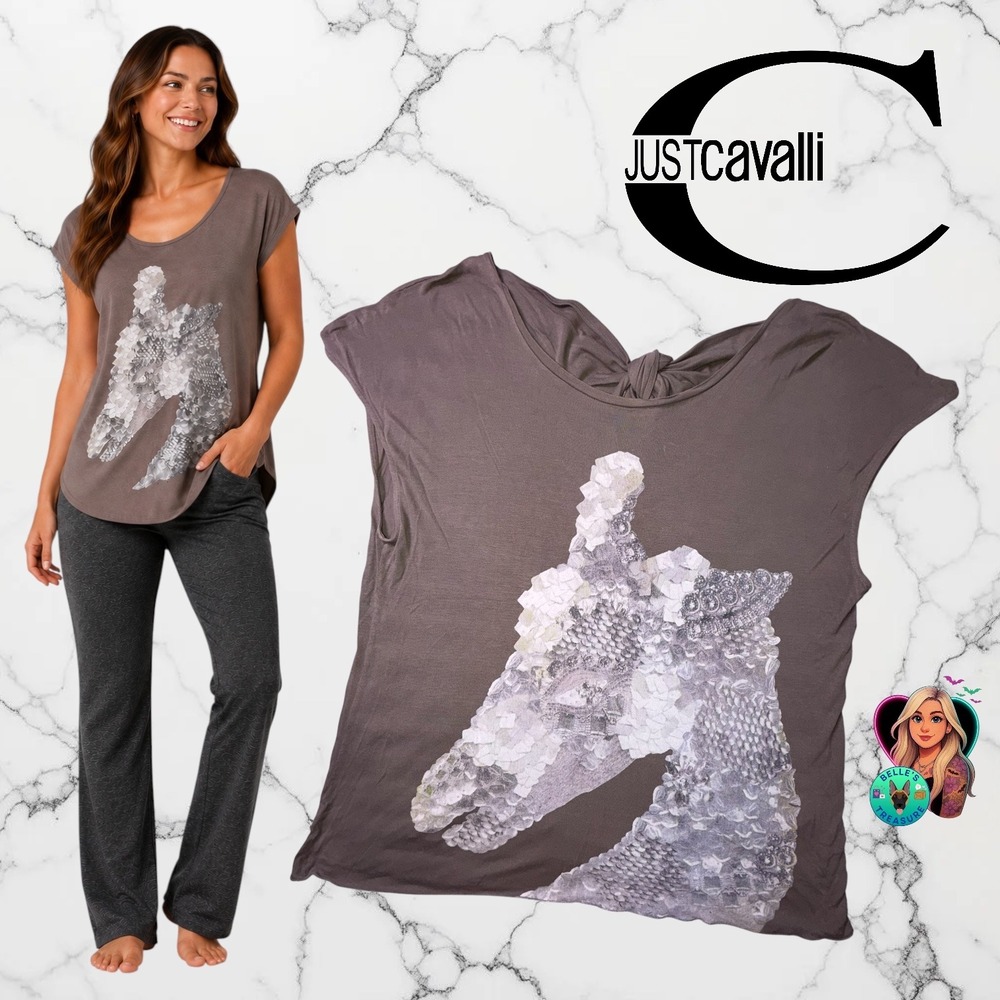 Just Cavalli Gray Brown Giraffe Graphic Tie Back Top IT 42 Womens US Medium